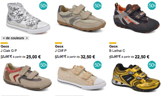 chaussures geox GEOX à   50 % pendant 3 jours chez Sarenza