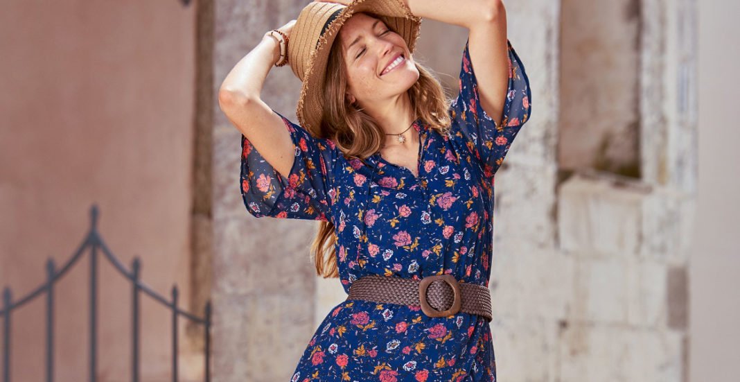 Robe fluide ample bleu vert fleurs Janis & John 36 38 40