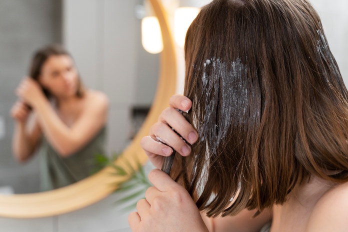 Femme qui fait un masque pour les cheveux