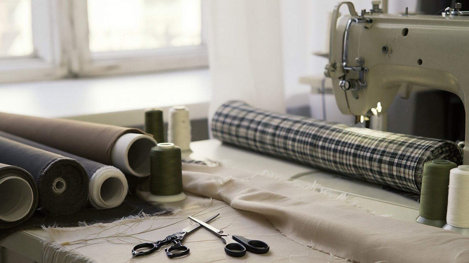 Machine à coudre, rouleaux de tissu et ciseaux sur une table d’atelier. Dans la maison londonienne, le compagnon du designer, tailleur, coupe ses tissus sur une grande table du salon. (©JRUIZ1708/Magnific)