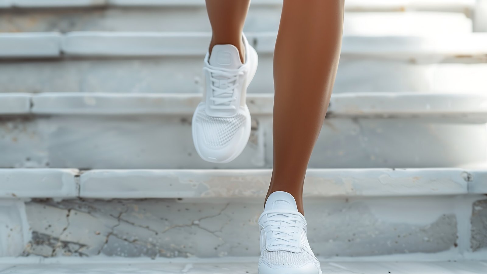 Des jambes en baskets blanches montent un escalier