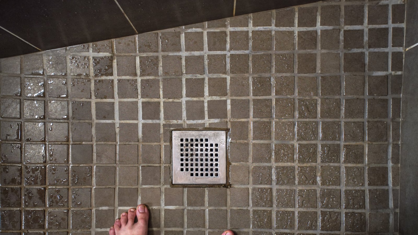 Une grille d’évacuation au sol d’une douche carrelée