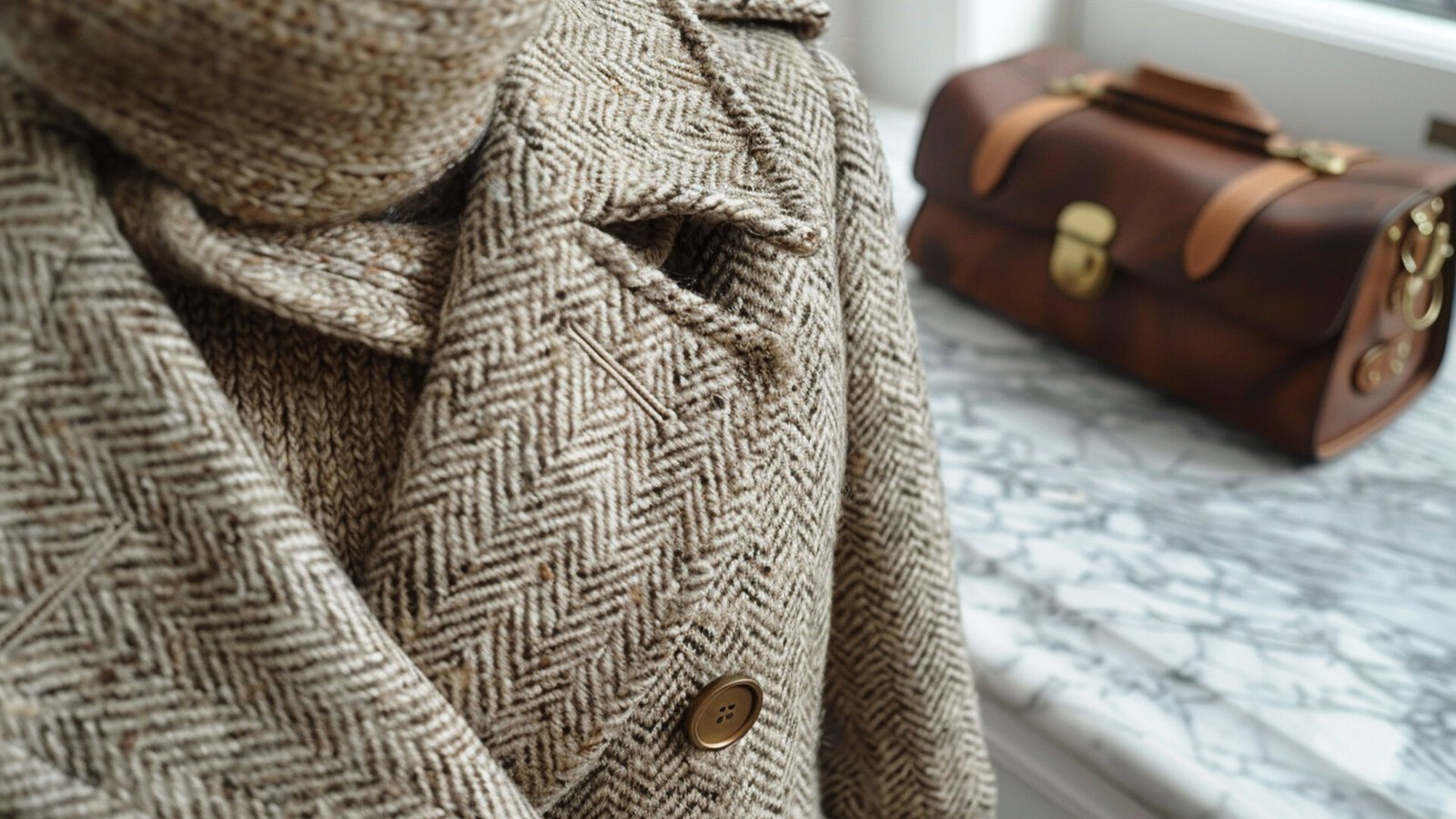 Gros plan sur un manteau de laine à chevrons et ses boutons, posé près d'une valise en cuir.